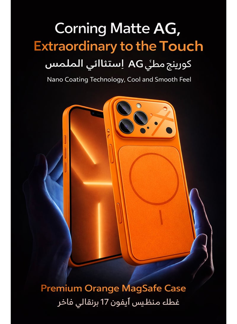 جراب MagSafe برتقالي اللون لهاتف iPhone 17 Pro Max، غطاء خلفي للهاتف، حلقة مغناطيسية قوية (2000Gs)، ظهر زجاجي مقوى غير لامع مقاوم للخدش، حماية كاملة لعدسة الكاميرا، طلاء مقاوم للخدش وبصمات الأصابع، غطاء نحيف صلب من البولي كربونات مقاوم للصدمات - Image 4